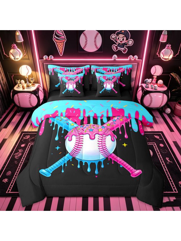 Dripping Baseball Ice Cream Twin Bedding for Boys, Crossed Bat Sport Bedding Comforter Set, Black Reversible, 7-Piece