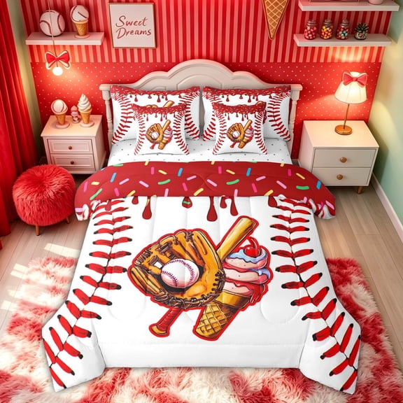 Feelyou Dripping Cartoon Baseball Twin Bedding for Girls, Ice Cream Glove Bat Bedding Comforter Set, Red White, Reversible, 7-Piece