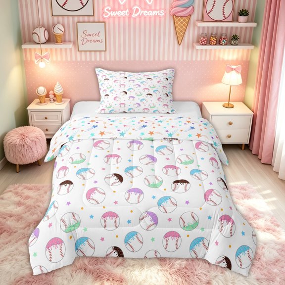 Feelyou Dripping Ice Cream Baseball Twin Comforter Sets for Kids, Kawaii Sprinkle Candy Ball Bedding Set, Colorful Star Reversible, 2-Piece, 1 Comforter and 1 Pillowcase