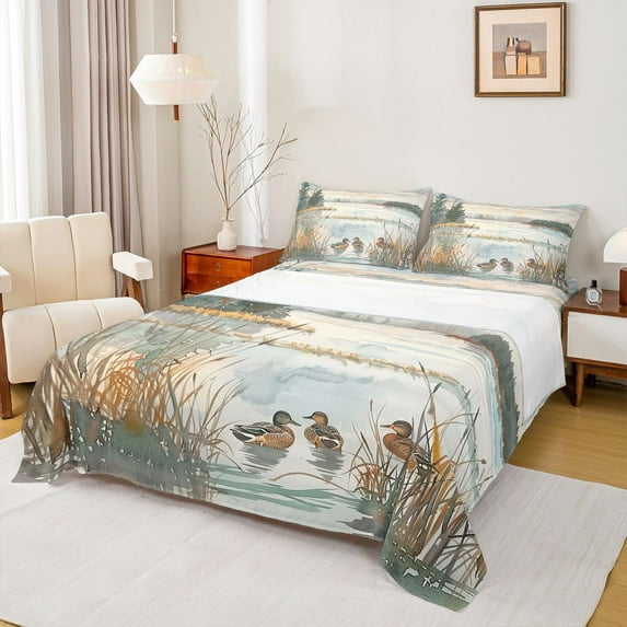Feelyou Duck Animal Teen Twin Sheet Sets, Jungle Rustic Landscape Bedding, 3 Pieces