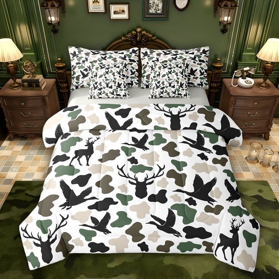 Feelyou Duck Deer Wildlife Bedding Comforter Set 7pcs, Rustic Camo Queen Bedding Sets