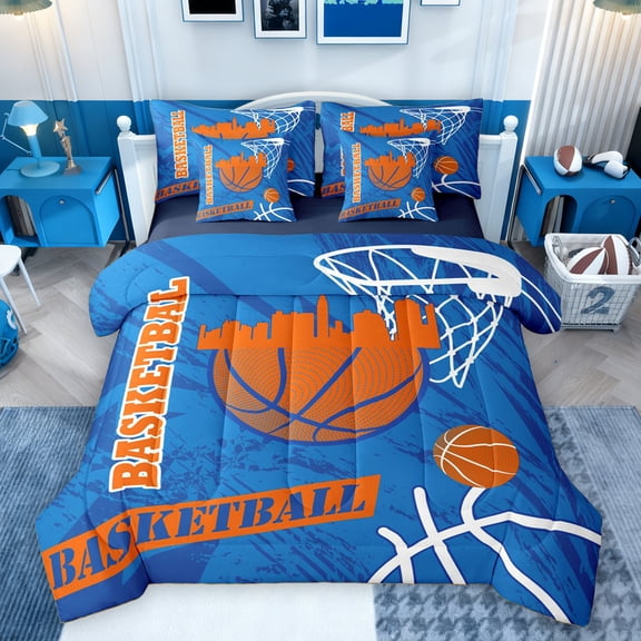 Feelyou Eat Basketball Sleep Bedding Comforter Set 7pcs for Boys, Blue Orange King Bedding Sets, Modern Sports Theme Reversible Bed Sheets, Super Cozy Room Decor