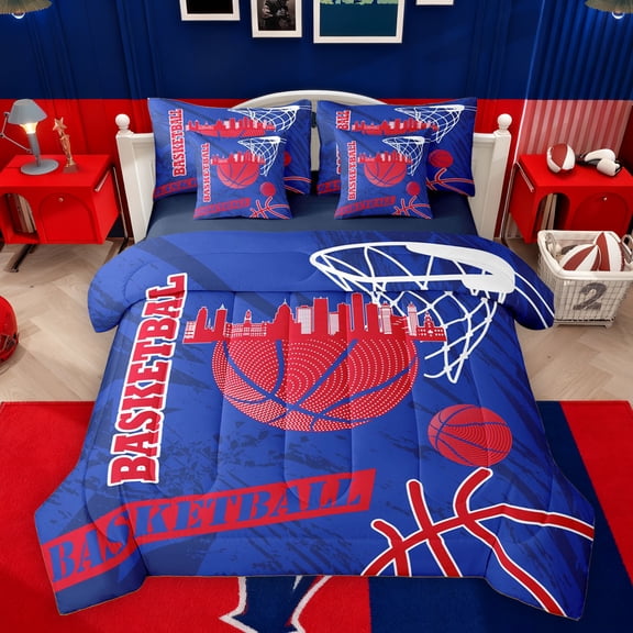 Feelyou Eat Basketball Sleep Bedding Comforter Set 7pcs for Boys, Blue Red Abstract King Bedding Sets, Modern Sports Theme Reversible Bed Sheets, Microfiber Bedroom Decor