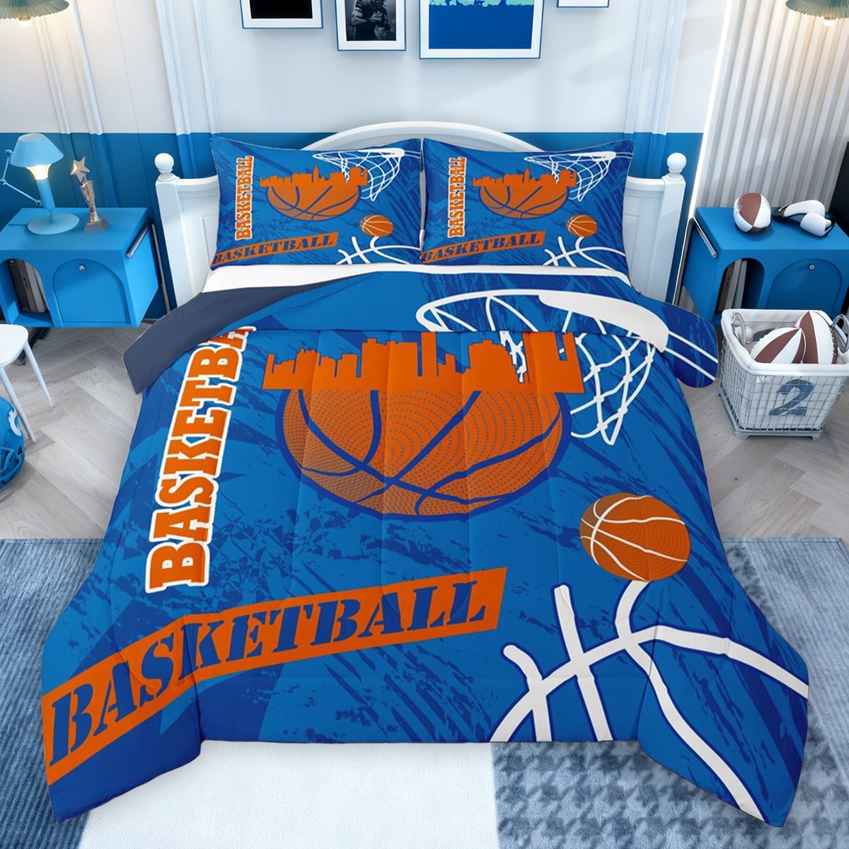 Feelyou Eat Basketball Sleep Bedding Comforter Set for Boys, Blue Orange Twin Comforter Sets, Modern Sports Theme Reversible Bedding Set, Super Cozy Room Decor, 2-Piece