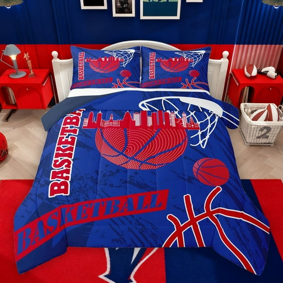 Feelyou Eat Basketball Sleep Bedding Comforter Set for Boys, Blue Red Abstract Twin Comforter Sets, Modern Sports Theme Reversible Bedding Set, Microfiber Bedroom Decor, 2-Piece