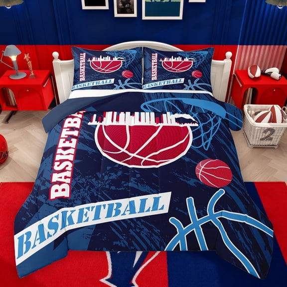 Feelyou Eat Basketball Sleep Bedding Comforter Set for Boys, Navy Red Cartoon Twin Comforter Sets, Modern Sports Theme Reversible Bedding Set, Super Cozy Room Decor, 2-Piece