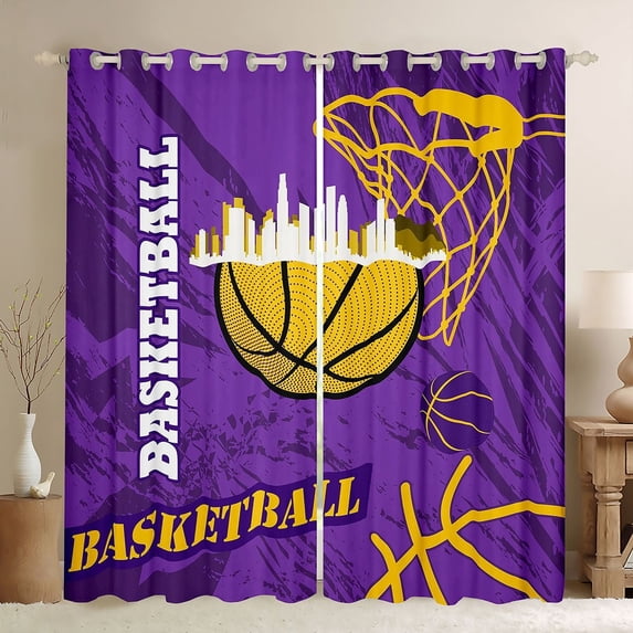 Feelyou Eat Basketball Sleep Black Out Curtains for Boys, Purple Gold Graffiti Curtains Pack of 2 (42x63 Each), Modern Sports Theme Bedroom Curtains, Window Curtains Bedroom Decor