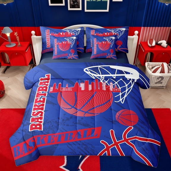 Feelyou Eat Basketball Sleep Twin Bedding Sets 7-Piece for Boys, Blue Red Abstract Bedding Comforter Set, Modern Sports Theme Reversible Sheet Sets, Microfiber Bedroom Decor