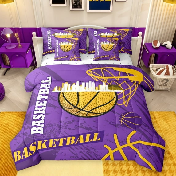 Feelyou Eat Basketball Sleep Twin Bedding Sets 7-Piece for Boys, Purple Gold Graffiti Bedding Comforter Set, Modern Sports Theme Reversible Sheet Sets, Microfiber Bedroom Decor