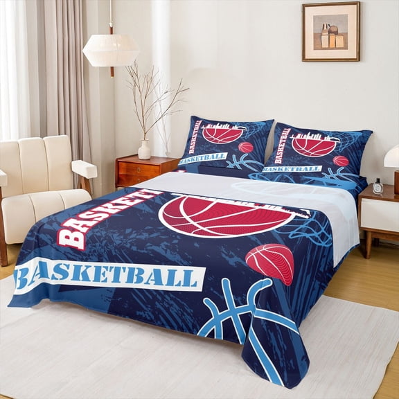 Feelyou Eat Basketball Sleep Twin Sheet Sets for Boys, Navy Red Cartoon Twin Fitted Sheet, Modern Sports Theme Flat Sheet, Super Cozy Room Decor, 3-Piece