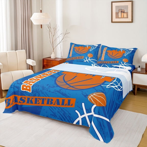 Feelyou Eat Basketball Sleep Twin Sheet Sets for Boys, Blue Orange Twin Fitted Sheet, Modern Sports Theme Flat Sheet, Super Cozy Room Decor, 3-Piece