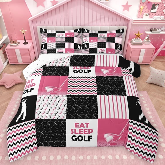 Feelyou Eat Sleep Golf Bedding Comforter Set for Kids, Girly Pink Stripes Twin Comforter Sets, Modern Ball Sport Reversible Bedding Set, Luxury Bedroom Decor, 2 Pieces