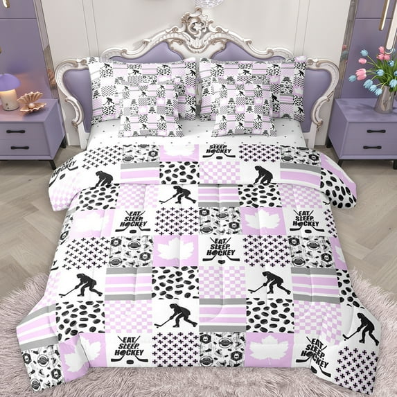 Feelyou Eat Sleep Hockey Bedding Comforter Set 7 Pieces for Teen, Ice Hockey Lover Full Bedding Set, Plum Square Checkered Reversible Fitted Sheet Flat Sheet, Lightweight Room Decor