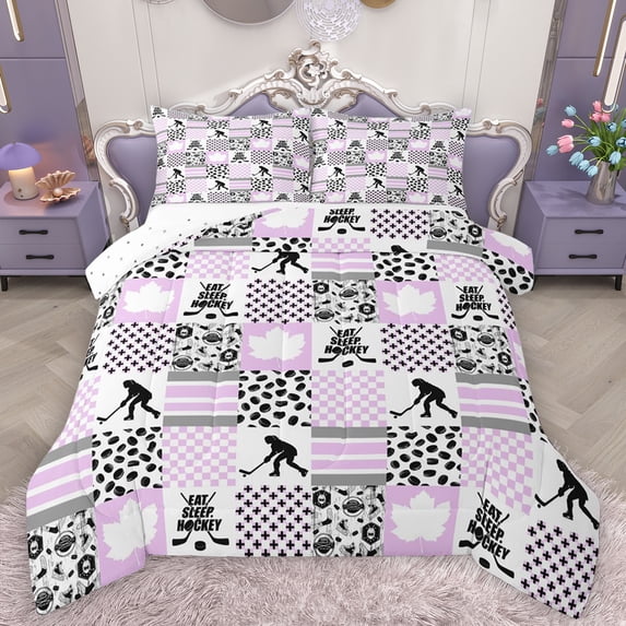 Feelyou Eat Sleep Hockey Full Size Comforter Sets for Teen, Ice Hockey Lover Bedding Comforter Set, Plum Square Checkered Reversible Bedding Sets, Lightweight Room Decor, 3pcs