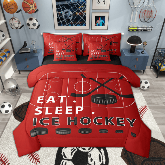Feelyou Eat Sleep Ice Hockey Print Bedding Comforter Set 7pcs, Red Ice Hockey Rink King Bedding Sets, Teens Kids Sports Bed Sheets