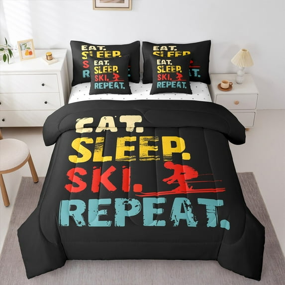 Feelyou Eat Sleep Ski Repeat Twin Bedding Sets 7-Piece, Modern Winter Outdoor Sports Bedding Comforter Set, Teens Boys Girls Kids Sheet Sets, Microfiber Bedroom Decor