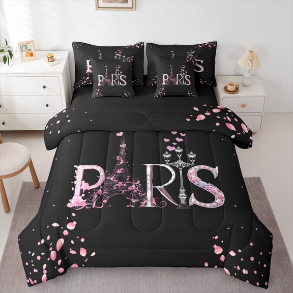 Feelyou Eiffel Tower Pink Bedding Comforter Set 7 Pieces, Romantic Paris Full Bedding Set, Fashion Cherry Blossoms Reversible Fitted Sheet Flat Sheet, Luxury Bedroom Decor