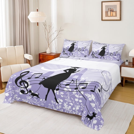 Feelyou Elegant Paris Girl Queen Sheet Sets, Chic Melody Music Flat Sheet, Fashion Eiffel Tower Queen Fitted Sheet, Lightweight Room Decor, 4pcs