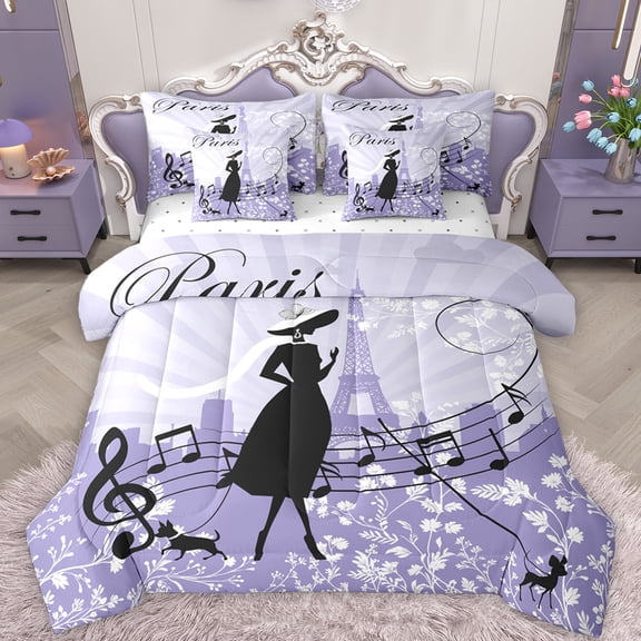 Feelyou Elegant Paris Girl Twin Bedding Sets 7-Piece, Chic Melody Music Bedding Comforter Set, Fashion Eiffel Tower Reversible Sheet Sets, Lightweight Room Decor