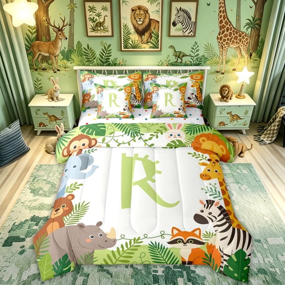Feelyou Elephant Jungle Wildlife Queen Bedding for Kids, Cute Initial R Letter Bedding Comforter Set Queen, Green, Polkadot Reversible, 7 Pieces