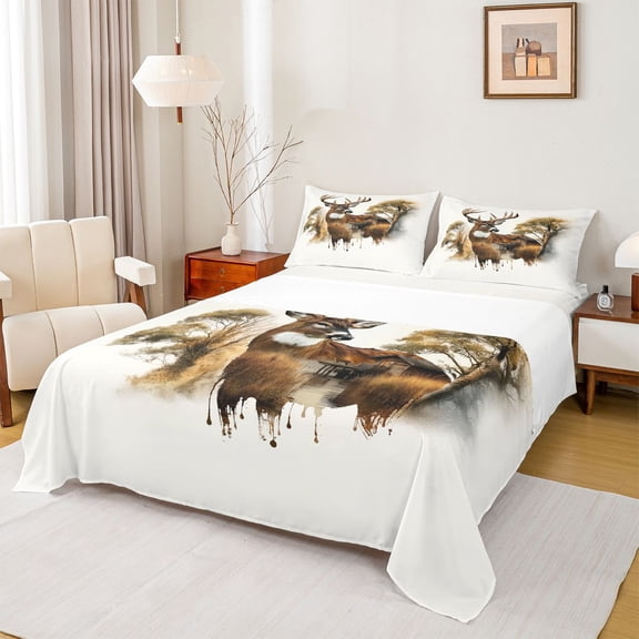 Feelyou Elk Deer Moose Twin Sheet Sets for Men, Western Wooden Cabin Twin Fitted Sheet, Woodland Wildlife Theme Flat Sheet, Microfiber Bedroom Decor, 3 Pieces