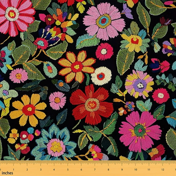 Feelyou Embroidery Blossoms Print Fabric by the Yard 1 Yard, Groovy Floral Home Decor Fabric by the Yard, Chic Flower Sewing Fabric, Luxury Room Decor