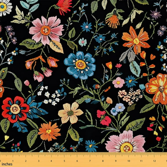 Feelyou Embroidery Flower Print Fabric by the Yard 2 Yards, Groovy Blossom Sewing Fabric, Chic Floral Room Decor Fabric by the Yard, Luxurious Room Decor