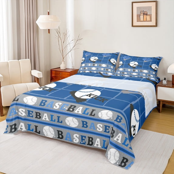Feelyou Est Baseball Sleep Full Size Sheets for Teens, Modern Ball Gaming Bed Sheets, Vintage Blue Plaid Sheet Sets, Super Cozy Room Decor, 4pcs