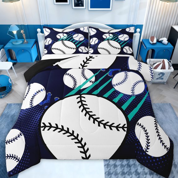 Feelyou Est Baseball Sleep Queen Comforter Set for Kids, Fashion Polkadot Stripes Bedding Sets, Cartoon Sports Theme Reversible Bedding Comforter Set, Breathable Home Decor, 3 Pieces