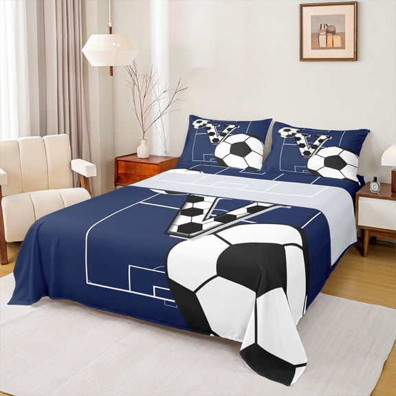 Feelyou Est Football Sleep Bed Sheets, Monogrammed V Blue King Sheets, 4pcs