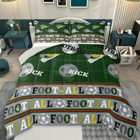 Feelyou Est Football Sleep Bedding Comforter Set for Teens, Modern Soccer Gaming Twin Comforter Sets, Green Plaid Buffalo Reversible Bedding Set, Super Cozy Room Decor, 2pcs