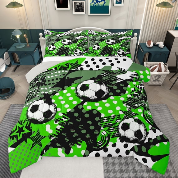 Feelyou Est Football Sleep Full Size Comforter Sets for Kids, Fashion Polkadot Stars Bedding Comforter Set, Cartoon Sports Theme Reversible Bedding Sets, Microfiber Bedroom Decor, 3-Piece