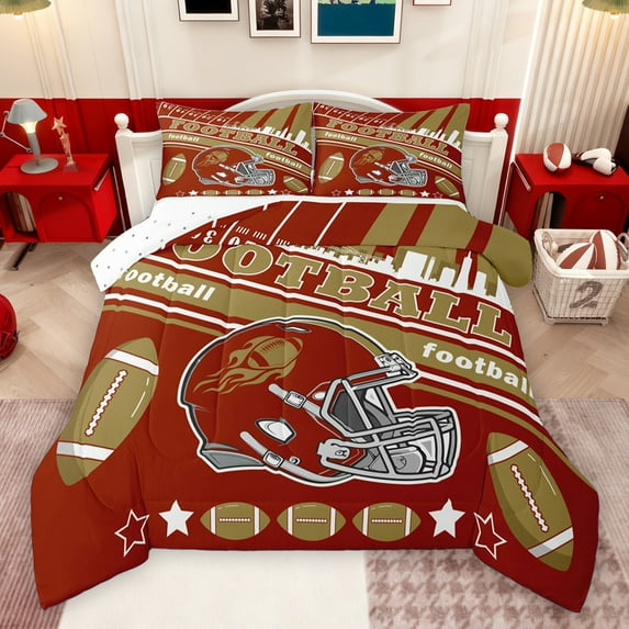 Feelyou Est Football Sleep Full Size Comforter Sets, Maroon Brown Athlete Helmet Bedding Comforter Set, Teens Kids Boys Girls Reversible Bedding Sets, Lightweight Room Decor, 3 Pieces