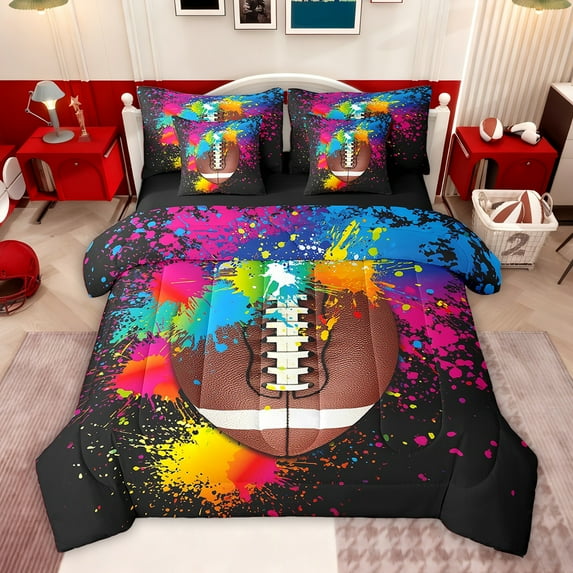 Feelyou Est Rugby Sleep Bedding Comforter Set 7 Pieces for Kids, Watercolor Splatter Full Bedding Set, Cartoon Sports Theme Reversible Fitted Sheet Flat Sheet, Super Cozy Room Decor