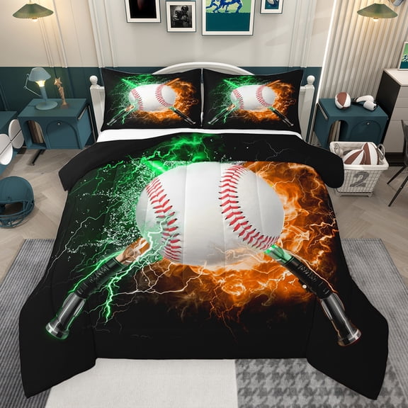Feelyou Est Sleep Baseball Queen Comforter Set for Teens, Fire and Water Bedding Sets, Green Yellow Lightning Reversible Bedding Comforter Set, Microfiber Bedroom Decor, 3pcs