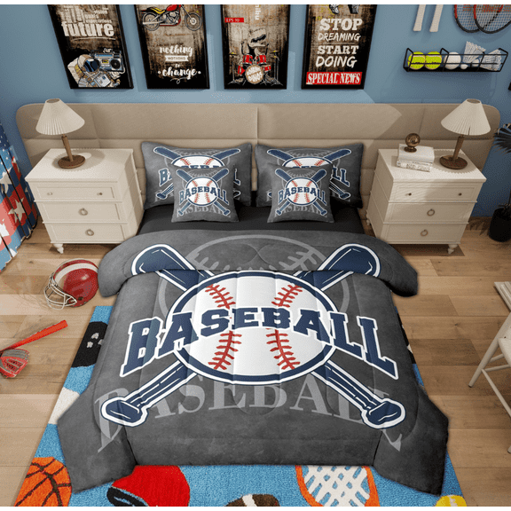 Feelyou Est Sleep Baseball Twin Bedding Sets 7-Piece for Teen, Dimgrey Ball Game Bedding Comforter Set, Sports Player Reversible Sheet Sets, Luxury Bedroom Decor