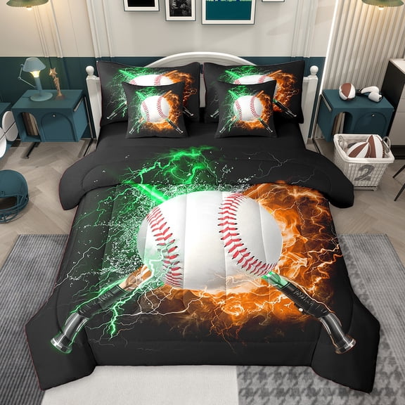 Feelyou Est Sleep Baseball Twin Bedding Sets 7-Piece for Teens, Fire and Water Bedding Comforter Set, Green Yellow Lightning Reversible Sheet Sets, Microfiber Bedroom Decor