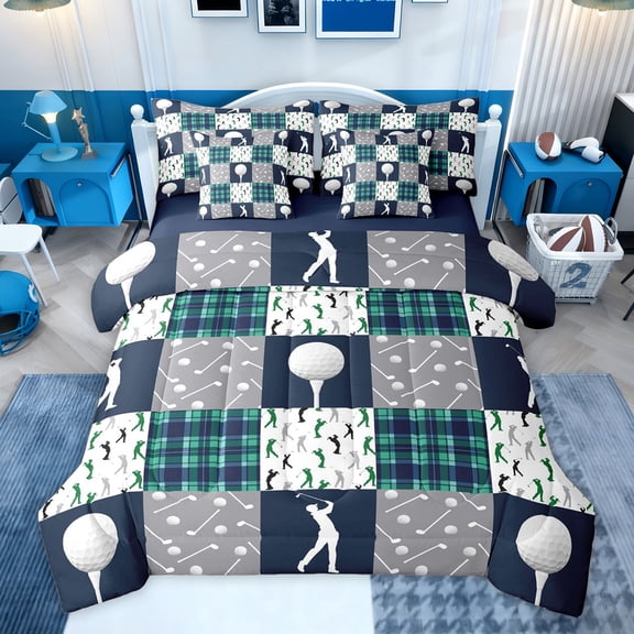 Feelyou Est Sleep Golf Bedding Comforter Set 7pcs for Kids, Ball Sports Lover King Bedding Sets, Navy Grey Patchwork Reversible Bed Sheets, Luxury Bedroom Decor