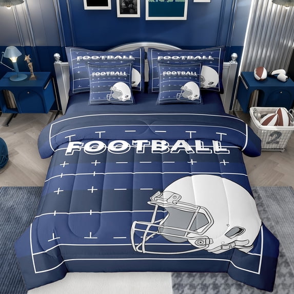 Feelyou Est Sleep Rugby Bedding Comforter Set 7pcs for Kids, Navy Blue Lines Abstract Queen Bedding Sets, Football Sports Helmet Reversible Queen Sheet Sets, Breathable Home Decor