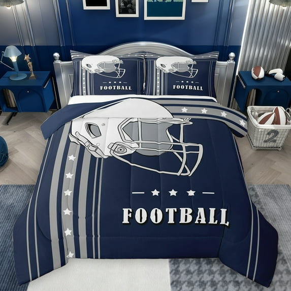 Feelyou Est Sleep Rugby Bedding Comforter Set for Kids, Navy Grey Stars Lines Twin Comforter Sets, Football Sports Helmet Reversible Bedding Set, Ultra Soft Bedroom Decor, 2 Pieces