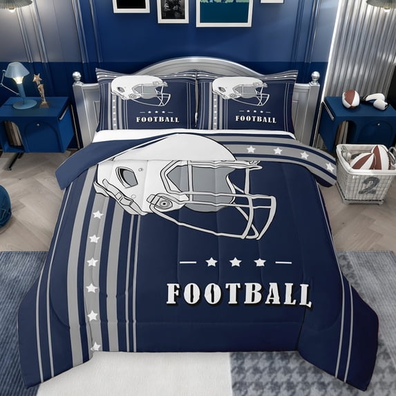 Feelyou Est Sleep Rugby Full Size Comforter Sets for Kids, Navy Grey Stars Lines Bedding Comforter Set, Football Sports Helmet Reversible Bedding Sets, Ultra Soft Bedroom Decor, 3 Pieces