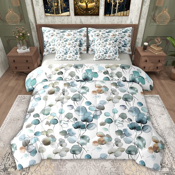 Feelyou Eucalyptus Leaves Child Bedding Comforter Set 7pcs, Blue Watercolor Plant Queen Bedding Sets, Cartoon Botanical Theme Reversible Queen Sheet Sets, Ultra Soft Bedroom Decor