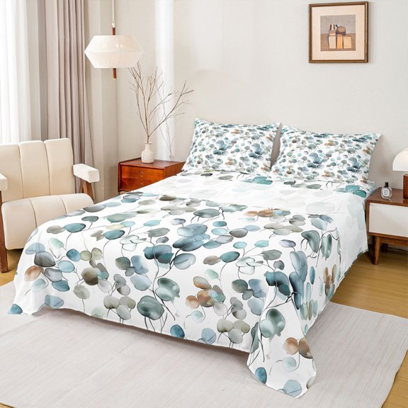 Feelyou Eucalyptus Leaves Child Twin Sheet Sets, Blue Watercolor Plant Twin Fitted Sheet, Cartoon Botanical Theme Flat Sheet, Ultra Soft Bedroom Decor, 3-Piece