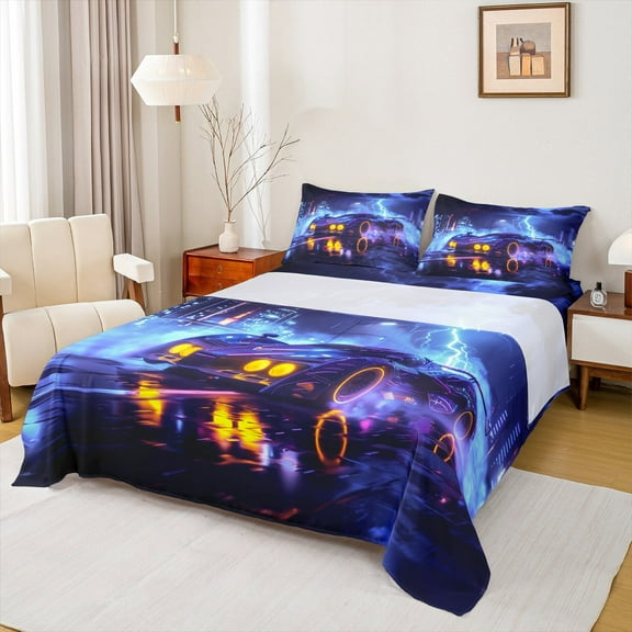 Feelyou Extreme Racing Car Bed Sheets, Modern Speed Sports King Sheets, Teens Boys Girls Kids Sheet Set, Breathable Home Decor, 4-Piece