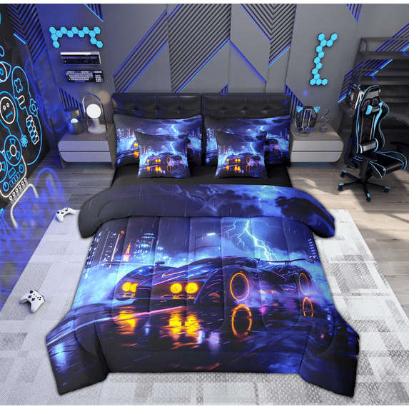 Feelyou Extreme Racing Car Bedding Comforter Set 7 Pieces, Modern Speed Sports Full Bedding Set, Teens Boys Girls Kids Reversible Fitted Sheet Flat Sheet, Breathable Home Decor