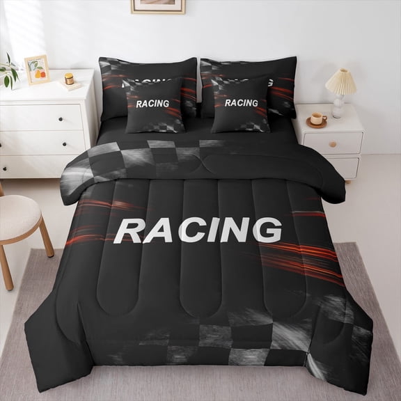Feelyou Extreme Racing Car Twin Bedding Sets 7-Piece, Modern Speed Sports Bedding Comforter Set, Teens Boys Girls Kids Reversible Sheet Sets, Lightweight Room Decor
