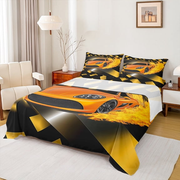 Feelyou Extreme Racing Car Twin Sheet Sets, Modern Speed Sports Twin Fitted Sheet, Teens Boys Girls Kids Flat Sheet, Microfiber Bedroom Decor, 3 Pieces