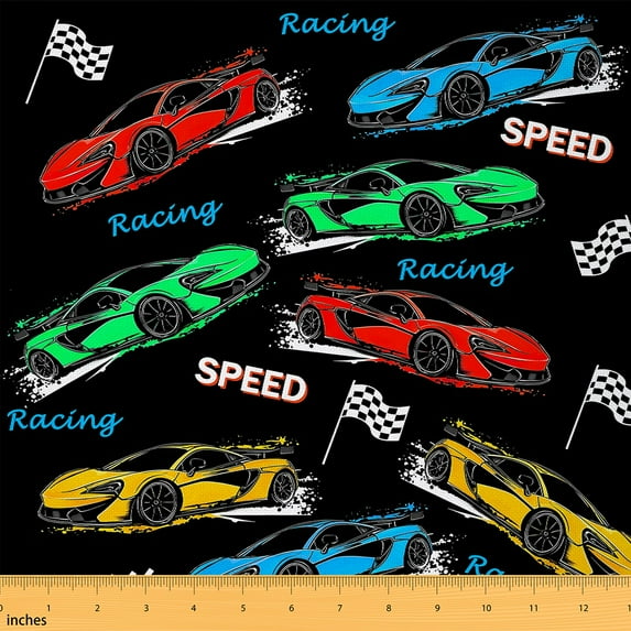 Feelyou Extreme Sport Boys Fabric by the Yard 1 Yard, Racing Car Lover Home Decor Fabric by the Yard, Cartoon Automobile Sewing Fabric, Lightweight Room Decor