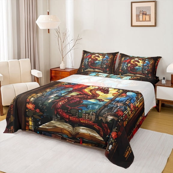 Feelyou Fairy Dragon Full Size Sheets for Kids Boys Girls, Castle Animal Bed Sheets, Red Gold, 4 Pieces