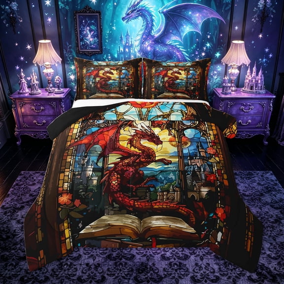 Feelyou Fairy Dragon Queen Comforter Set for Kids Boys Girls, Castle Animal Bedding Comforter Set, Red Gold, Black Reversible, 3 Pieces